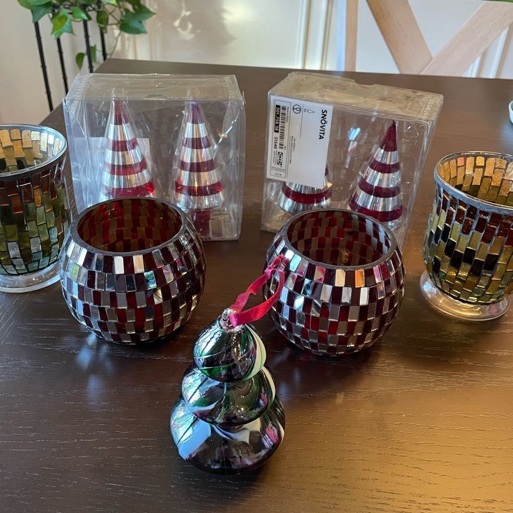 IKEA Glass Tree Ornaments Mosaic Candle Holders Blown Glass Tree Ornament LOT